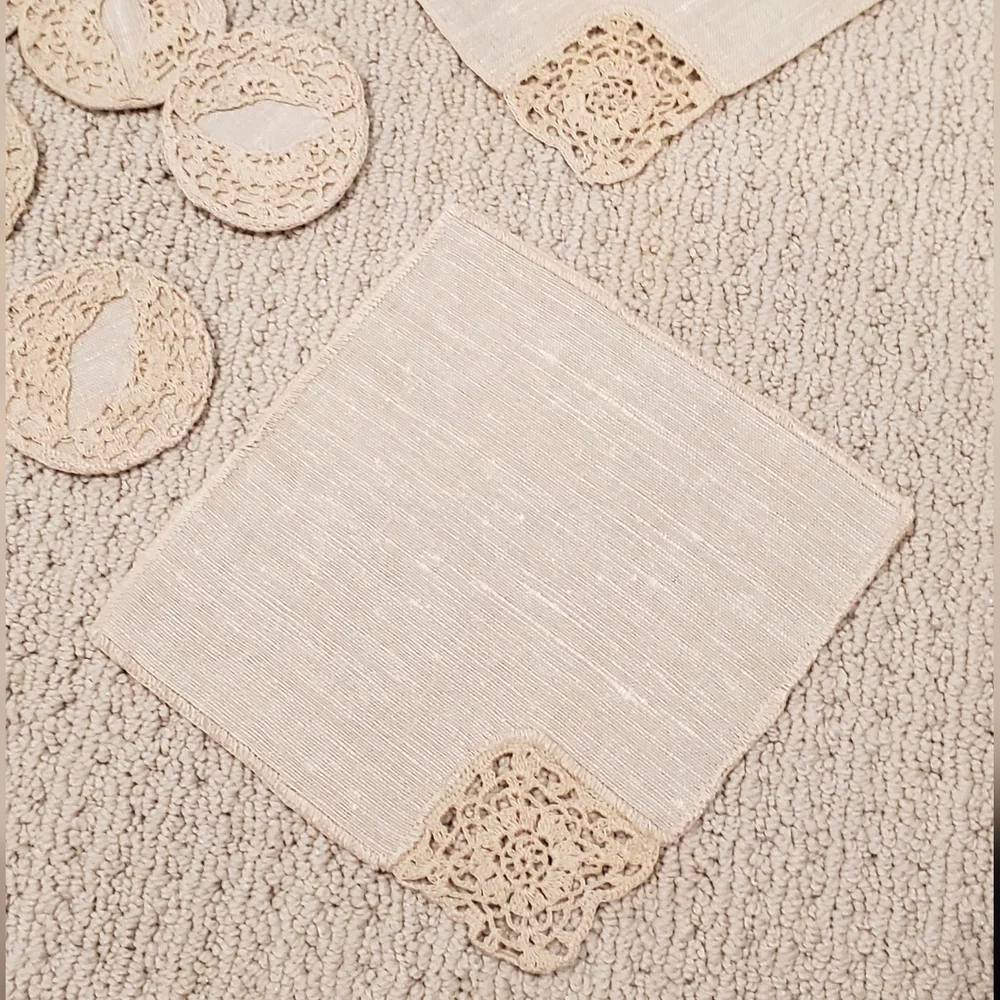 Vtg Irish Linen Crochet Lace Napkin+Doily 16 Pc Set, Tan, Never Used